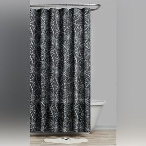 Black Metallic Spiderweb Halloween Shower Curtain, 72" x 72 New